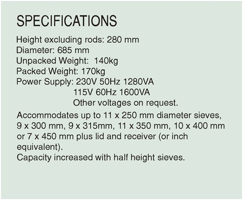 18 inch sieve shaker panel specifications